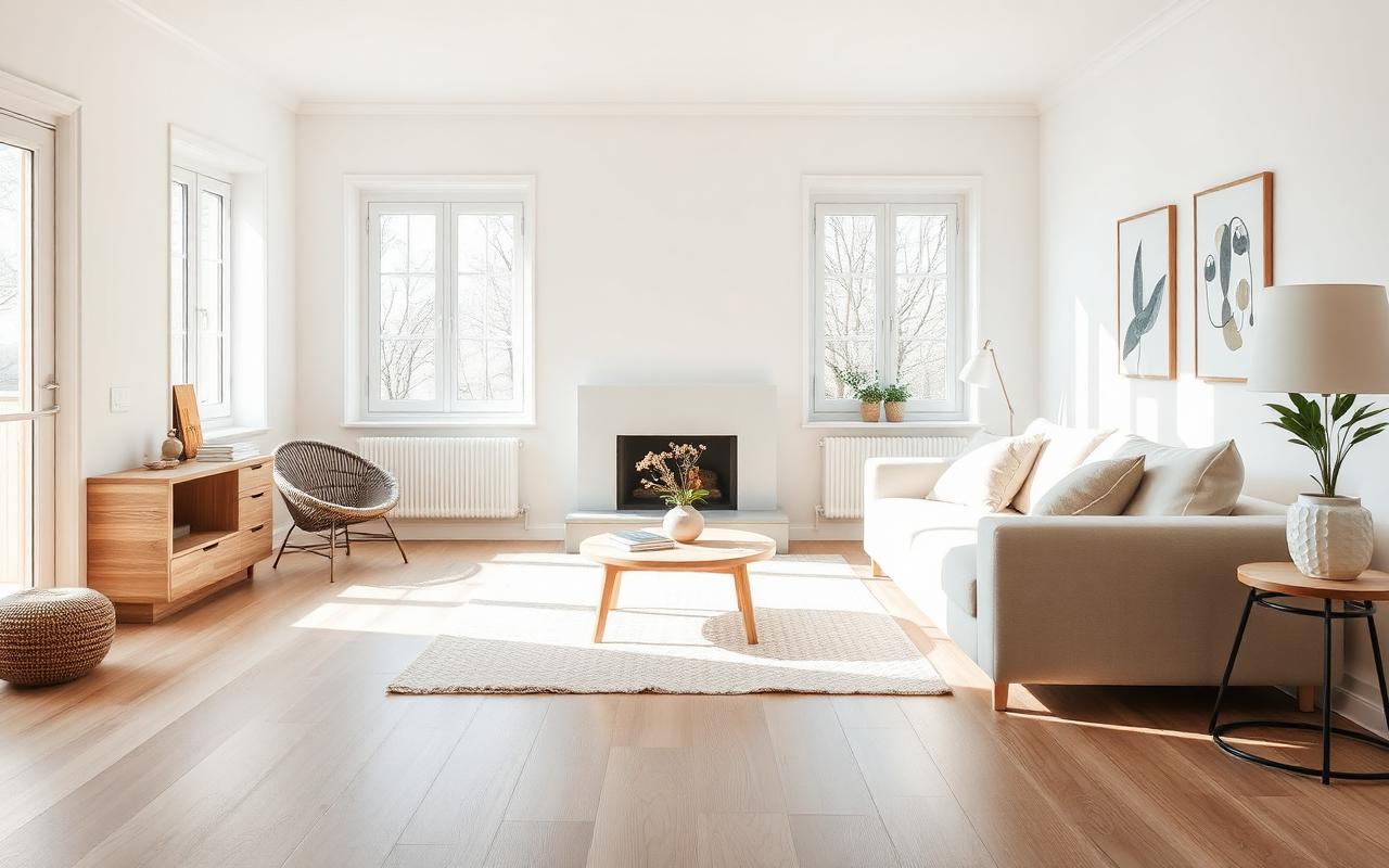 Ljus skandinavisk vardagsrumsinteriör som representerar bostadsvärdering