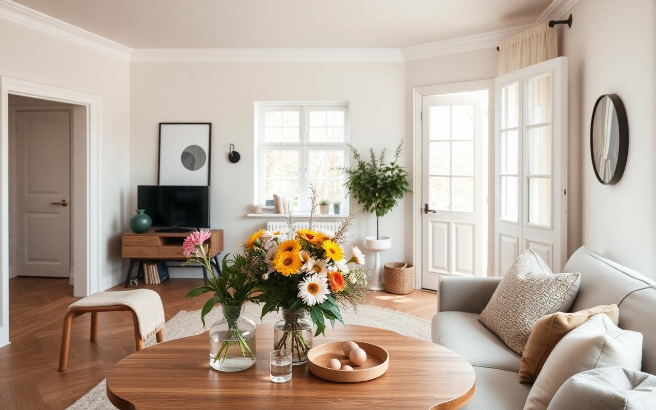 Uppstyled vardagsrum med blommor inför bostadsvisning